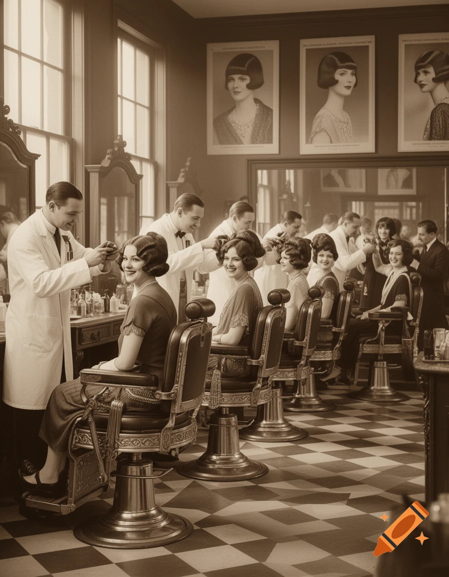 Sepia-toned image of women getting their hair styled by barbers in a 1920s salon with checkered floors and hairstyle posters.