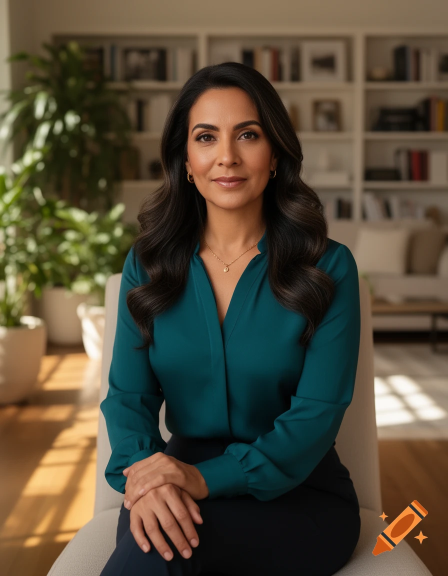 A professional-looking woman with dark wavy hair and a teal blouse sits with clasped hands, looking forward. Behind her is a blurred bookshelf and plant.