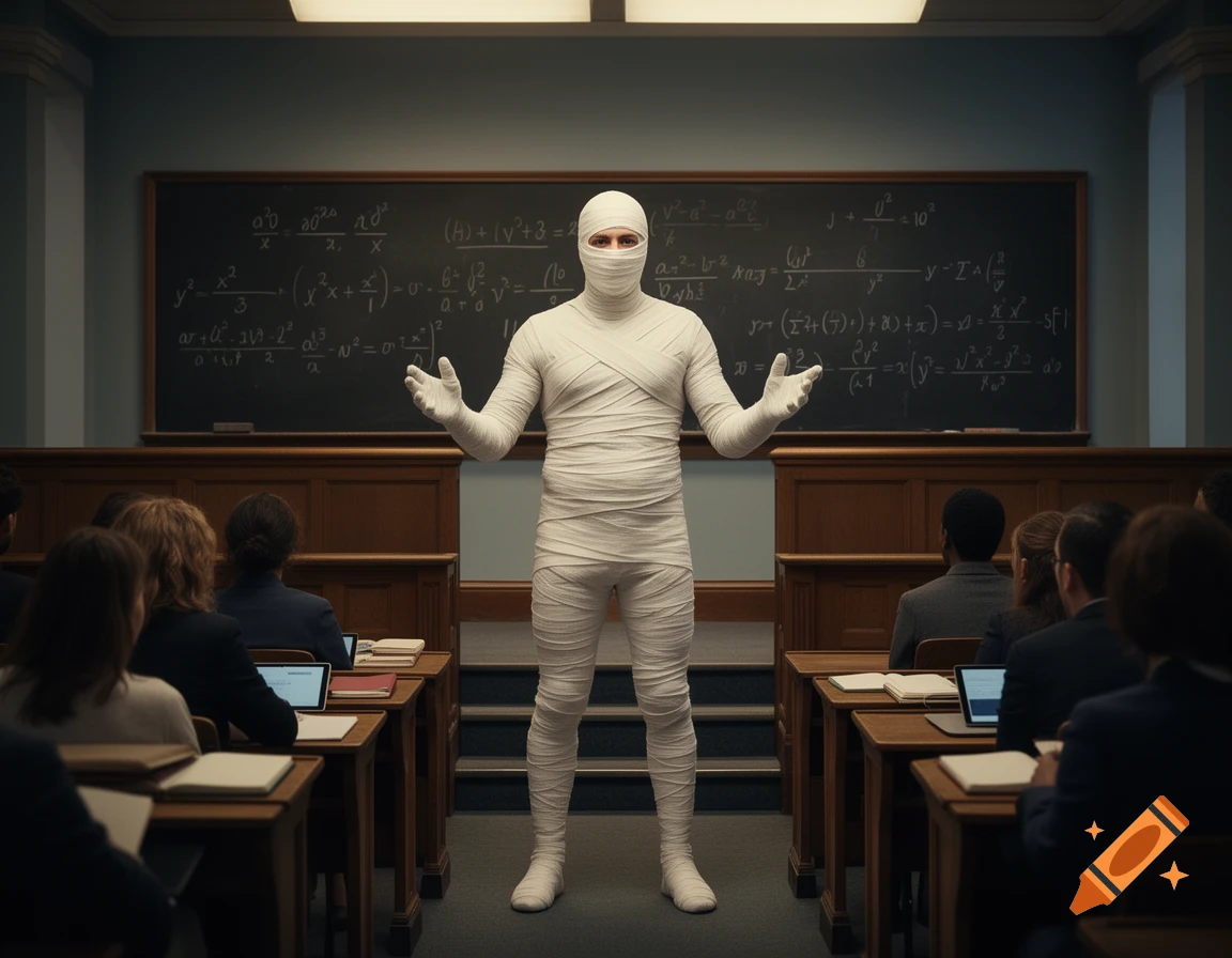 A bandaged mummy-like professor stands in a classroom before a blackboard with equations, lecturing students.