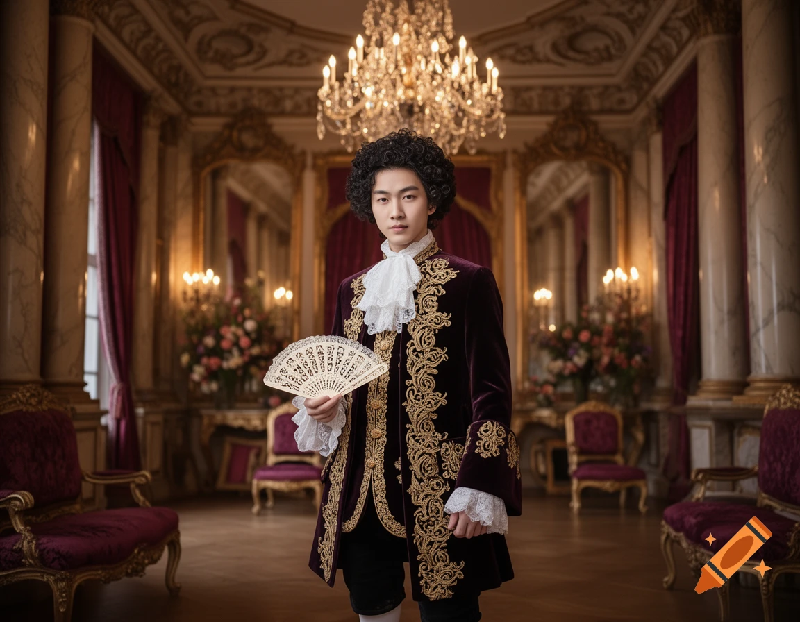 A young Asian man with curly hair wears an ornate maroon and gold Baroque coat, holding a fan in a lavish room with a chandelier.