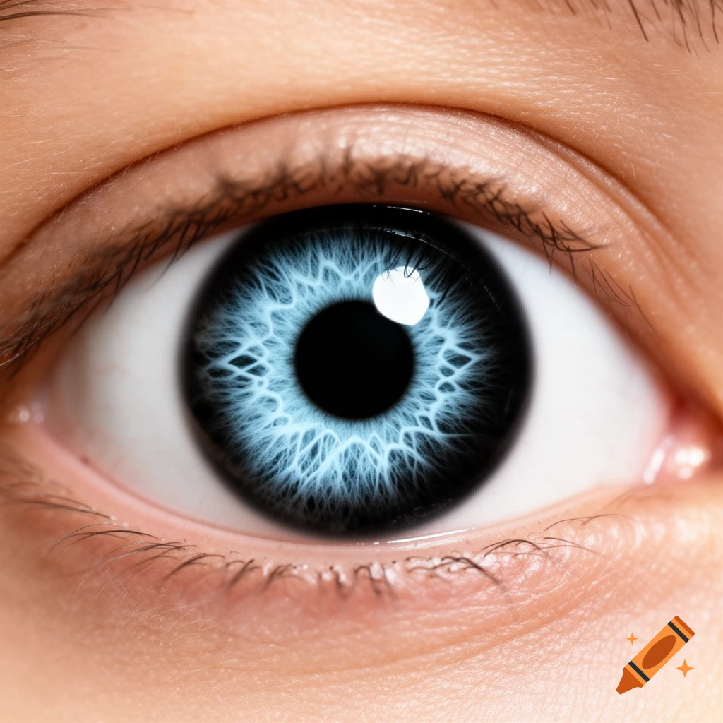 A detailed close-up of a human eye with a vibrant blue iris and dark pupil, reflecting a light source.