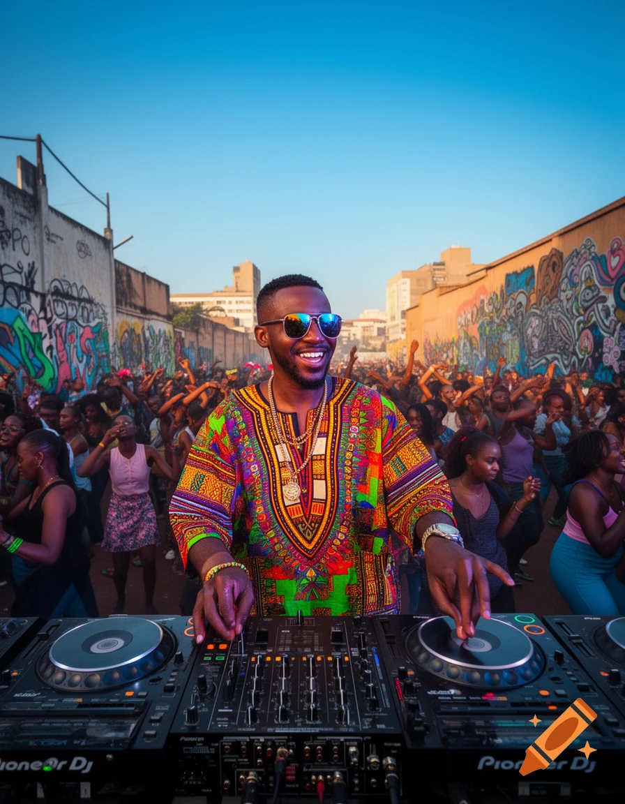A smiling African DJ in a colorful dashiki and sunglasses mixes music on a deck in front of a dancing crowd at an outdoor festival.