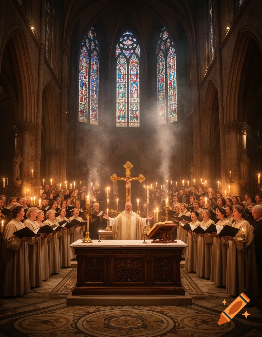 A priest leads a choir and congregation during a candlelit ceremony inside a grand church with towering stained glass windows.