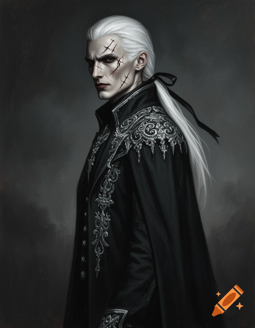 Rough painting portrait of a handsome undead man with scarred pale skin, long white hair, and a dark coat with silver ornaments.