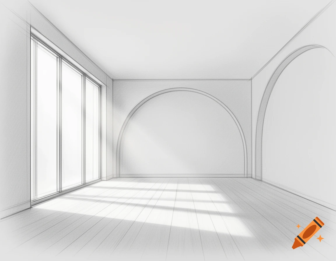 Pencil sketch of an empty room with large windows, arched wall details, and sunlight on a wooden floor.