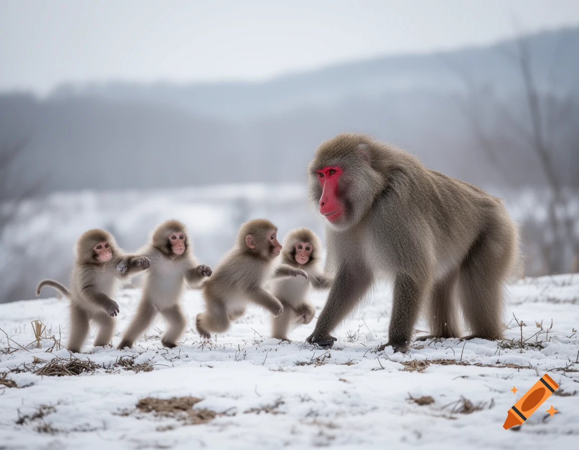 A large Japanese macaque and four juvenile snow monkeys walk across a snowy landscape with a blurred mountain background.
