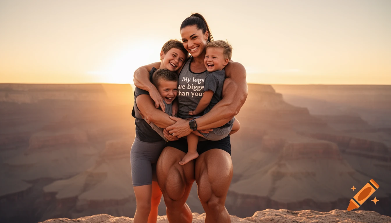 Photorealistic image of a muscular mother hugging her two laughing children at the Grand Canyon during sunset.