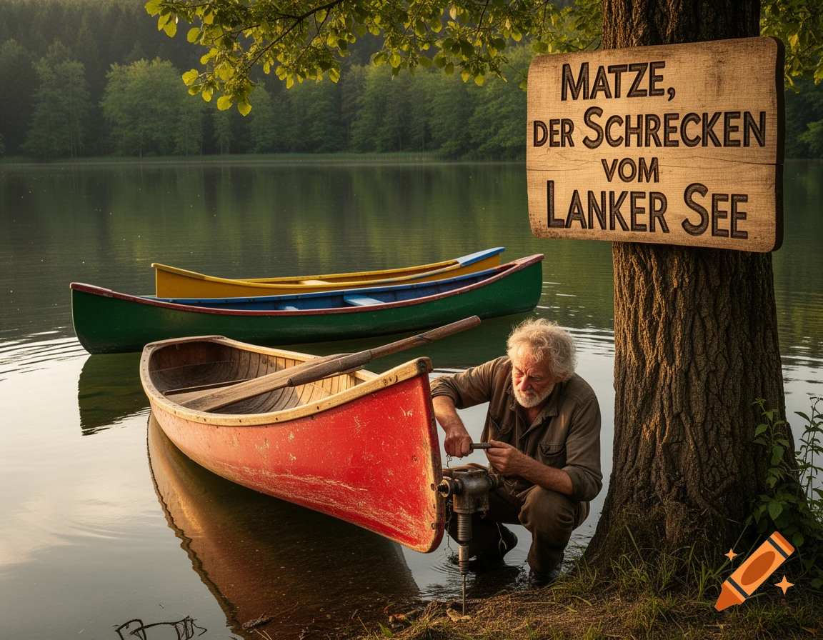 An old man works on a red canoe at a lake shore, with other colorful canoes. A sign on a tree reads 'Matze, der Schrecken vom Lanker See'.