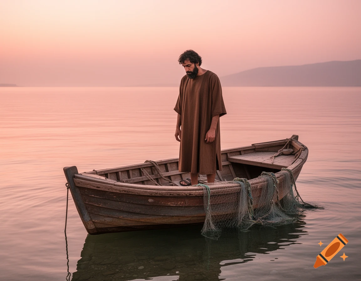 A tired bearded man in a brown robe stands in a wooden fishing boat with empty nets on a calm, misty sea at sunrise.