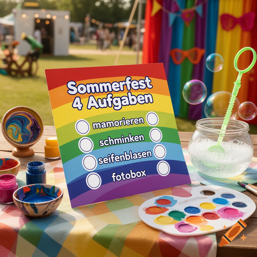 A rainbow-colored summer festival task checklist on a table with paint, a bubble wand, and bubble solution outdoors.