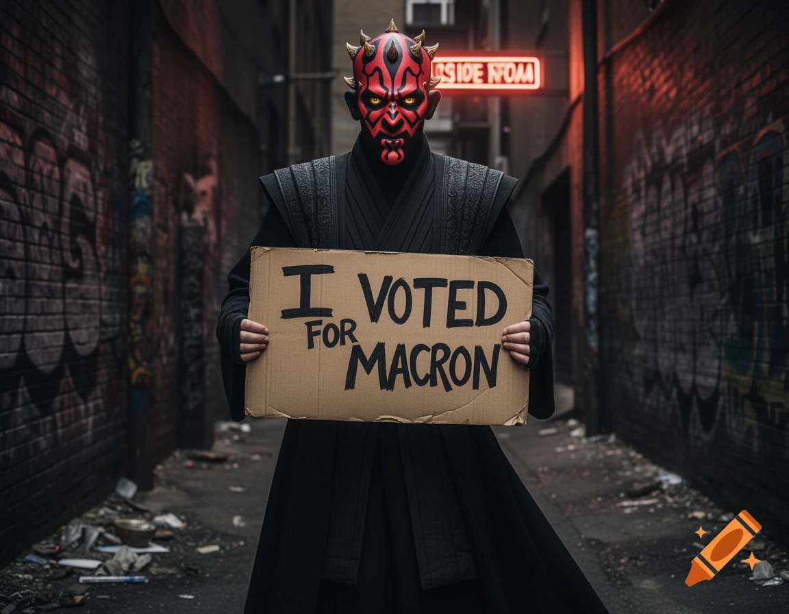 Photorealistic image of Darth Maul standing in a grungy alley, holding a cardboard sign that reads "I VOTED FOR MACRON".