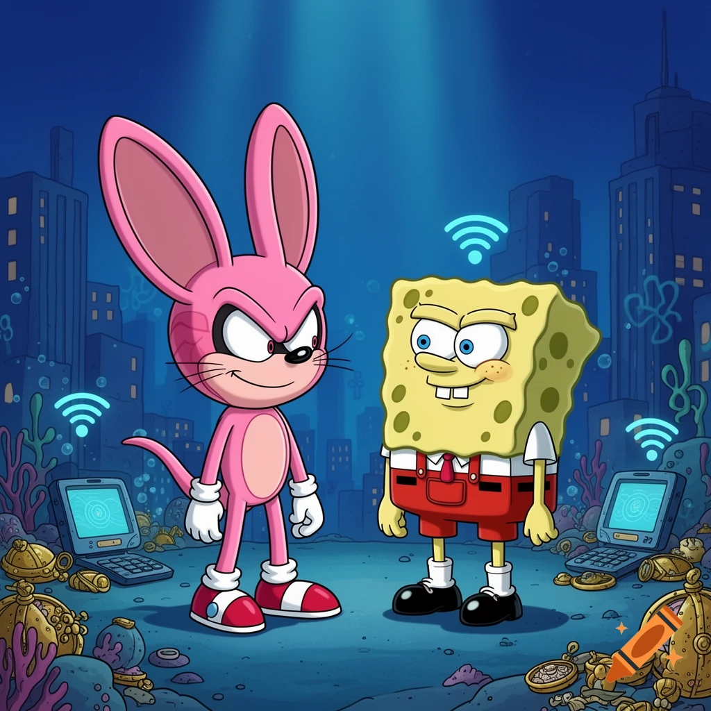 A pink rabbit-like character resembling Sonic as Brain stands next to SpongeBob SquarePants as Stewie in an underwater city, both characters emitting wifi signals.