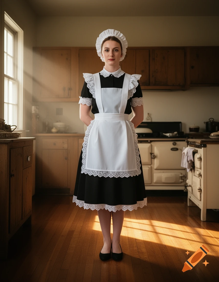 A photorealistic image of a woman in a black and white maid's outfit standing in a rustic kitchen.