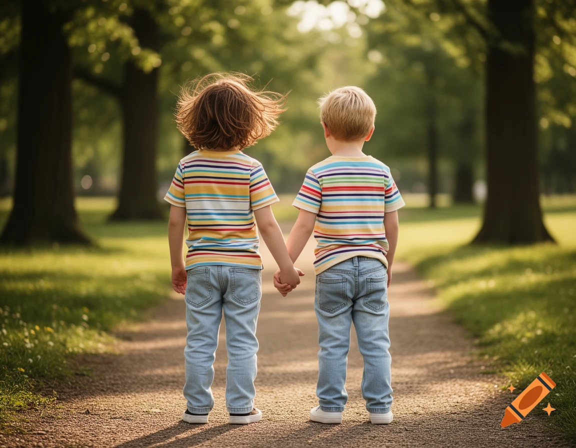 Two young boys, viewed from the back, hold hands while walking on a sun-dappled path in a park.