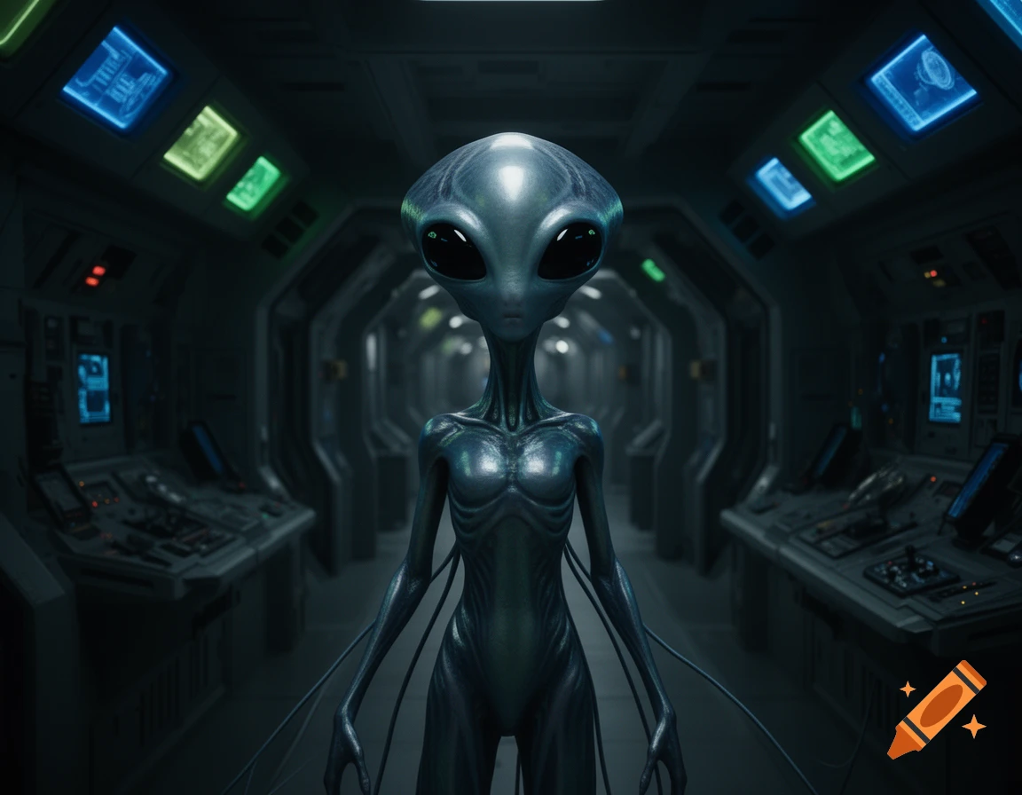 A grey alien with large dark eyes stands in a futuristic spaceship corridor with illuminated consoles.