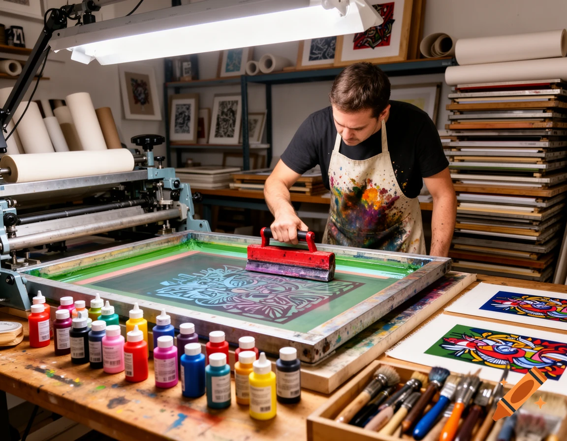 A man in a paint-splattered apron screen prints a colorful design in a busy workshop filled with art supplies and prints.