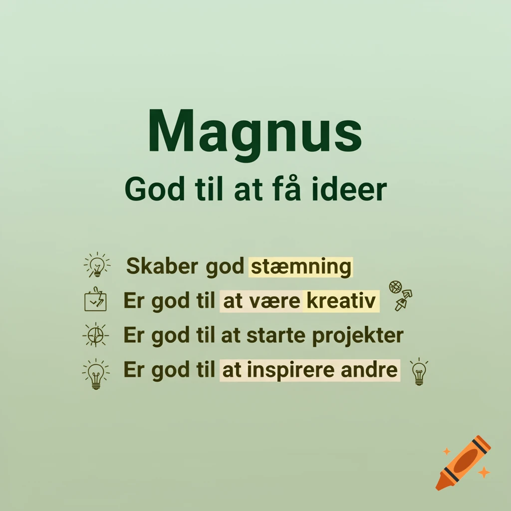 Green graphic with the name 'Magnus' and a list of his positive attributes, including 'Good at getting ideas', 'creative', and 'inspiring others', accompanied by small icons.