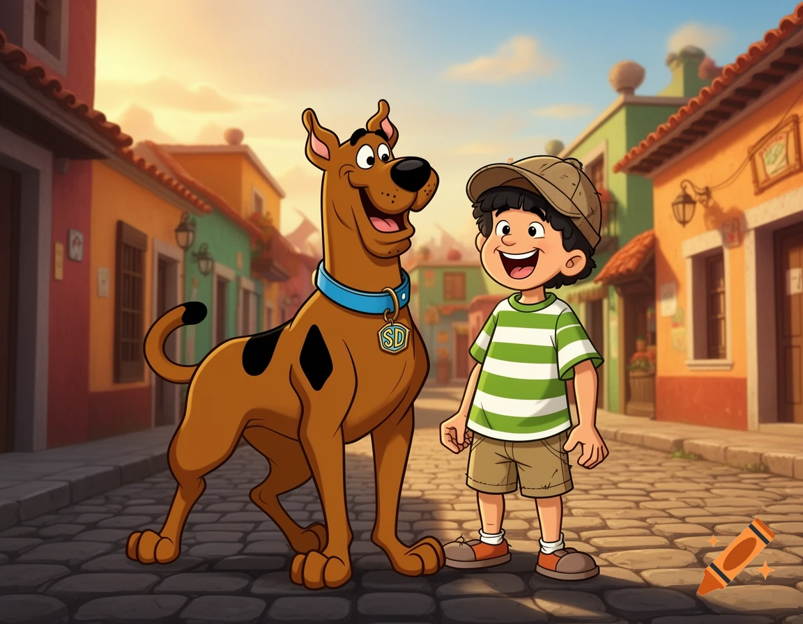 A smiling Scooby Doo stands beside a smiling boy on a cobblestone street with colorful buildings in a cartoon style.
