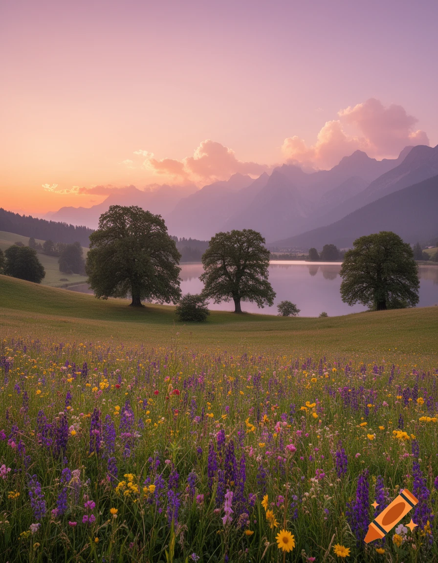A serene landscape with a vibrant field of wildflowers in the foreground, leading to a calm lake, and mountains under a pastel pink and orange sunset sky.