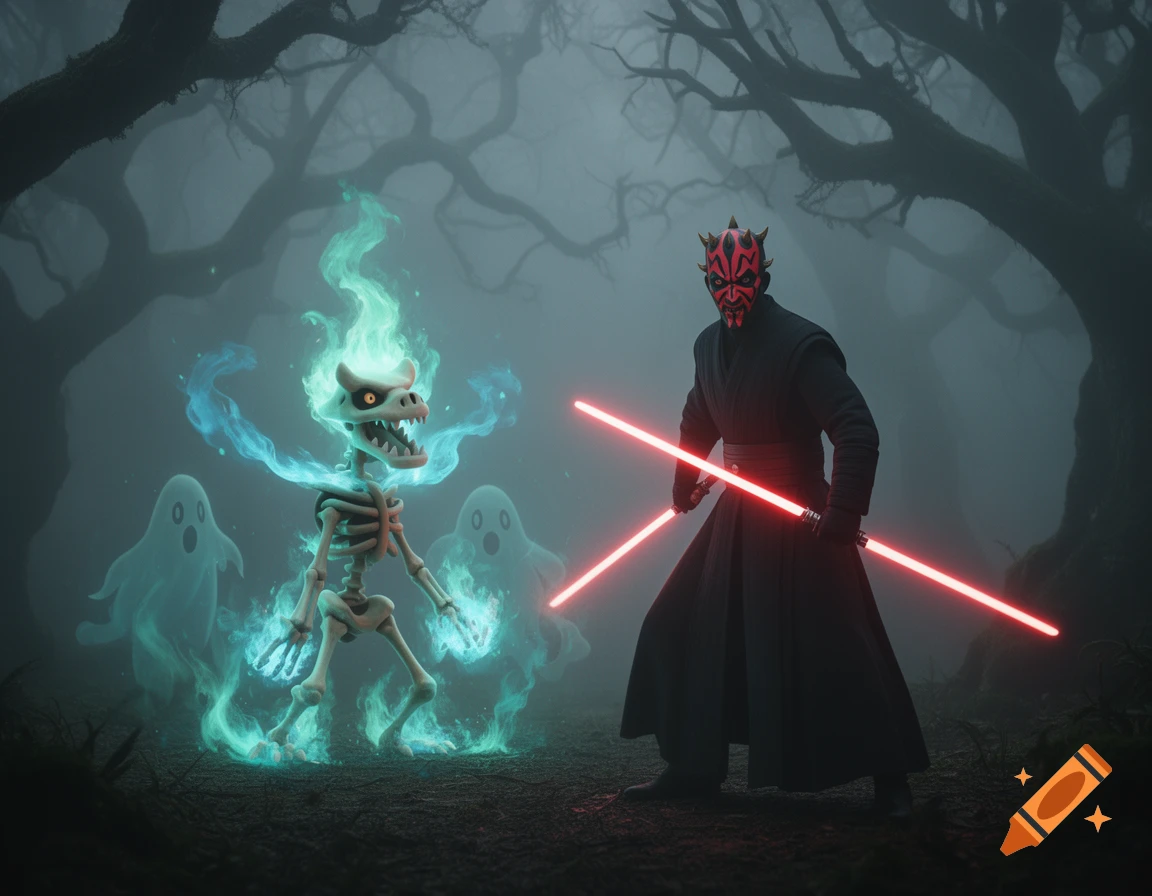 Darth Maul with dual red lightsabers facing a glowing skeletal Alola Marowak and two ghosts in a misty, dark forest.