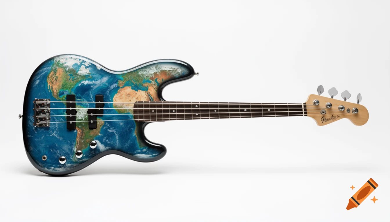 Photorealistic image of a four-string bass guitar with a map of Earth on its body, against a solid white background.