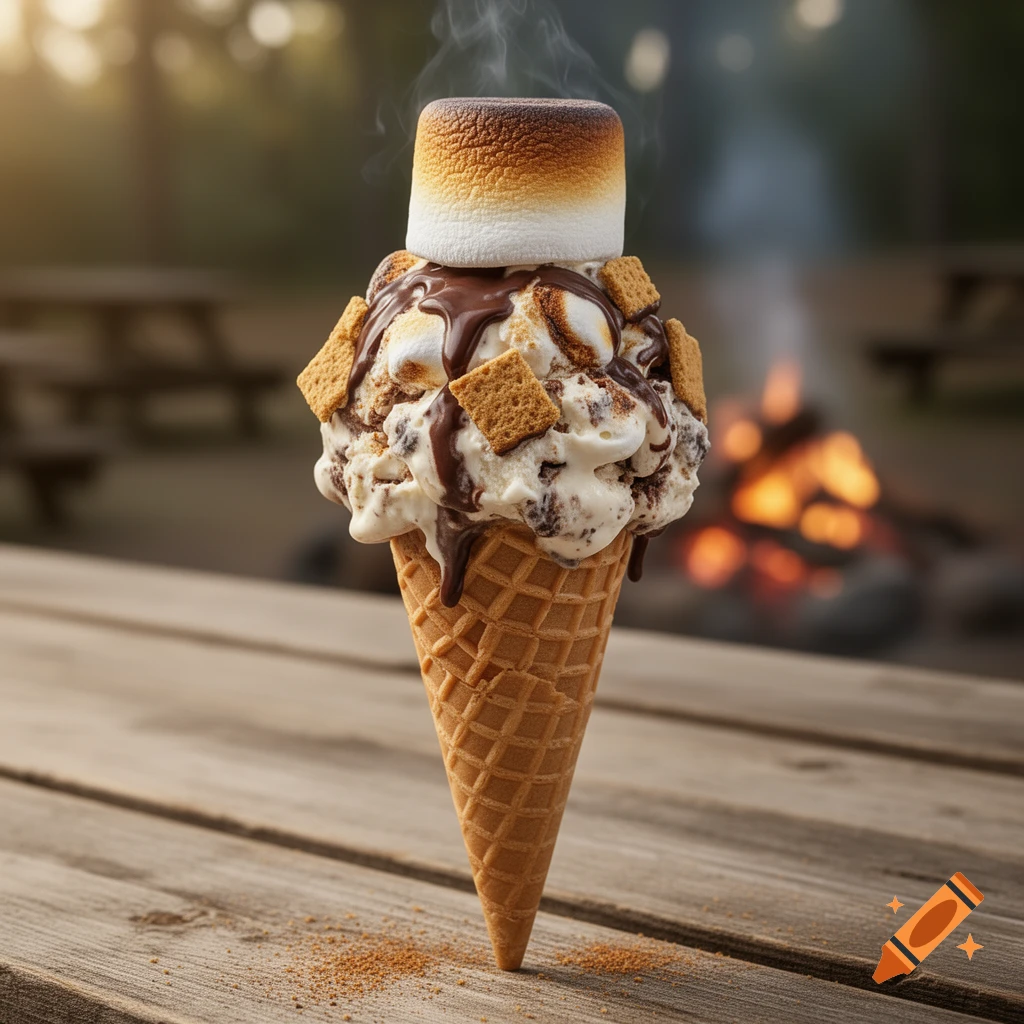 Photorealistic s'mores ice cream cone with a toasted marshmallow, chocolate, and graham crackers on a wooden table with a campfire in the background.
