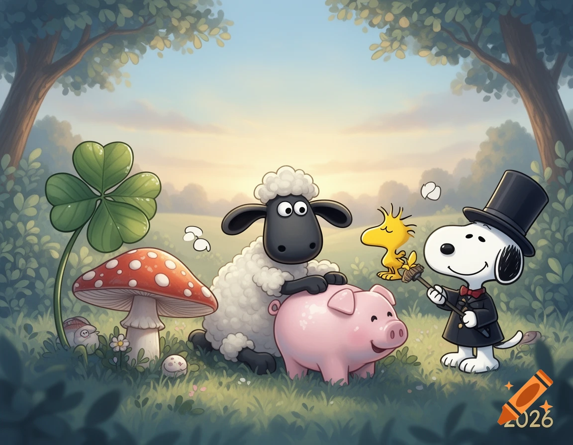 Shaun the Sheep, a pig, Snoopy, and Woodstock in a forest with a clover and mushroom, with '2026' in the corner.