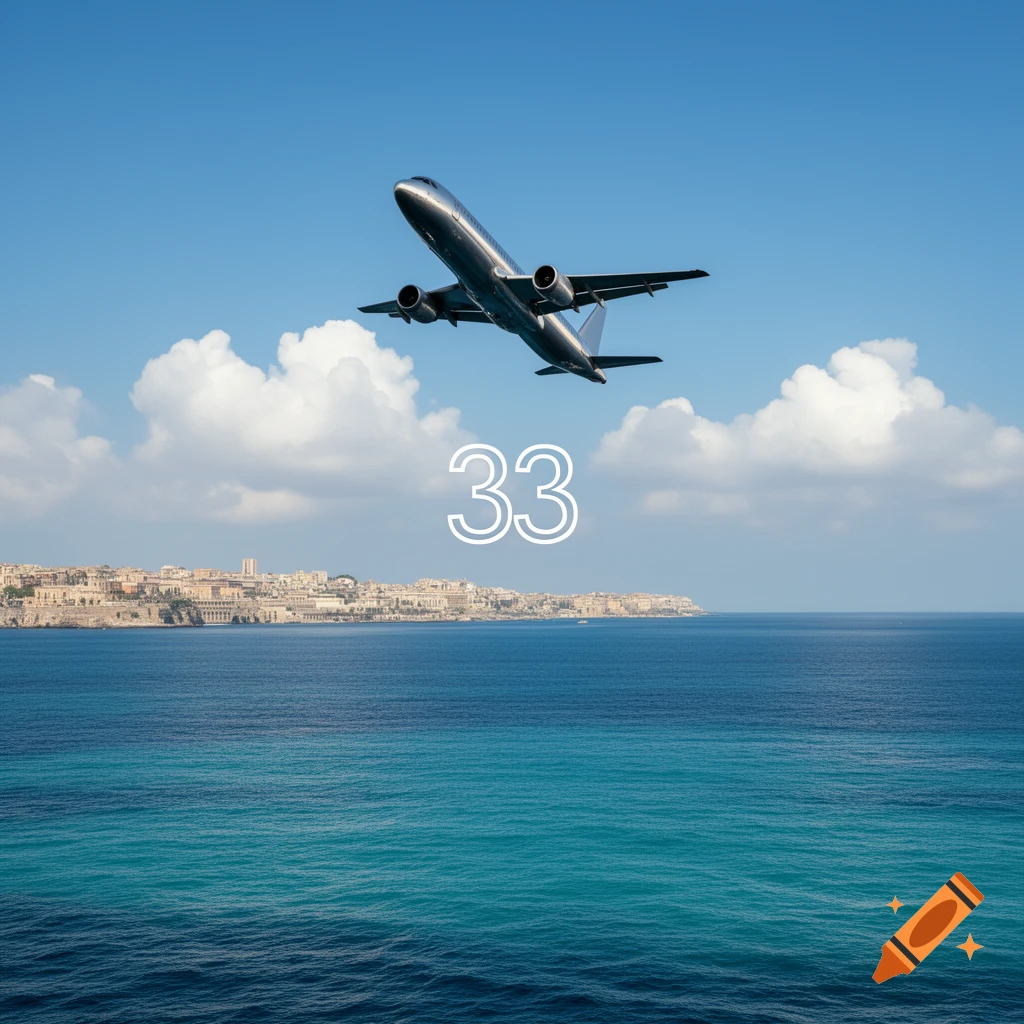 A grey airplane flies over turquoise ocean with a distant city skyline under a blue sky, featuring the number 33.