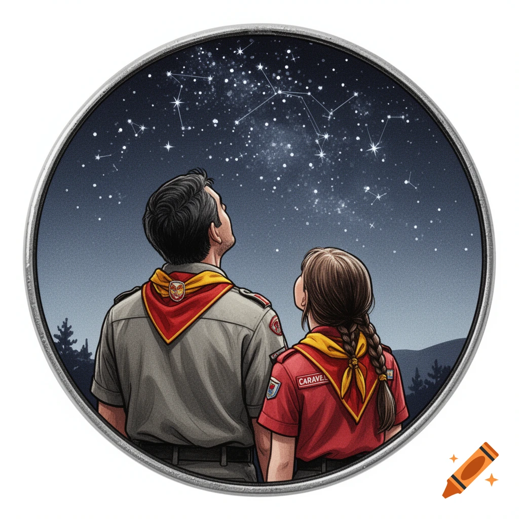An illustrated round badge shows an adult man and a young girl in scout uniforms looking up at a starry night sky.