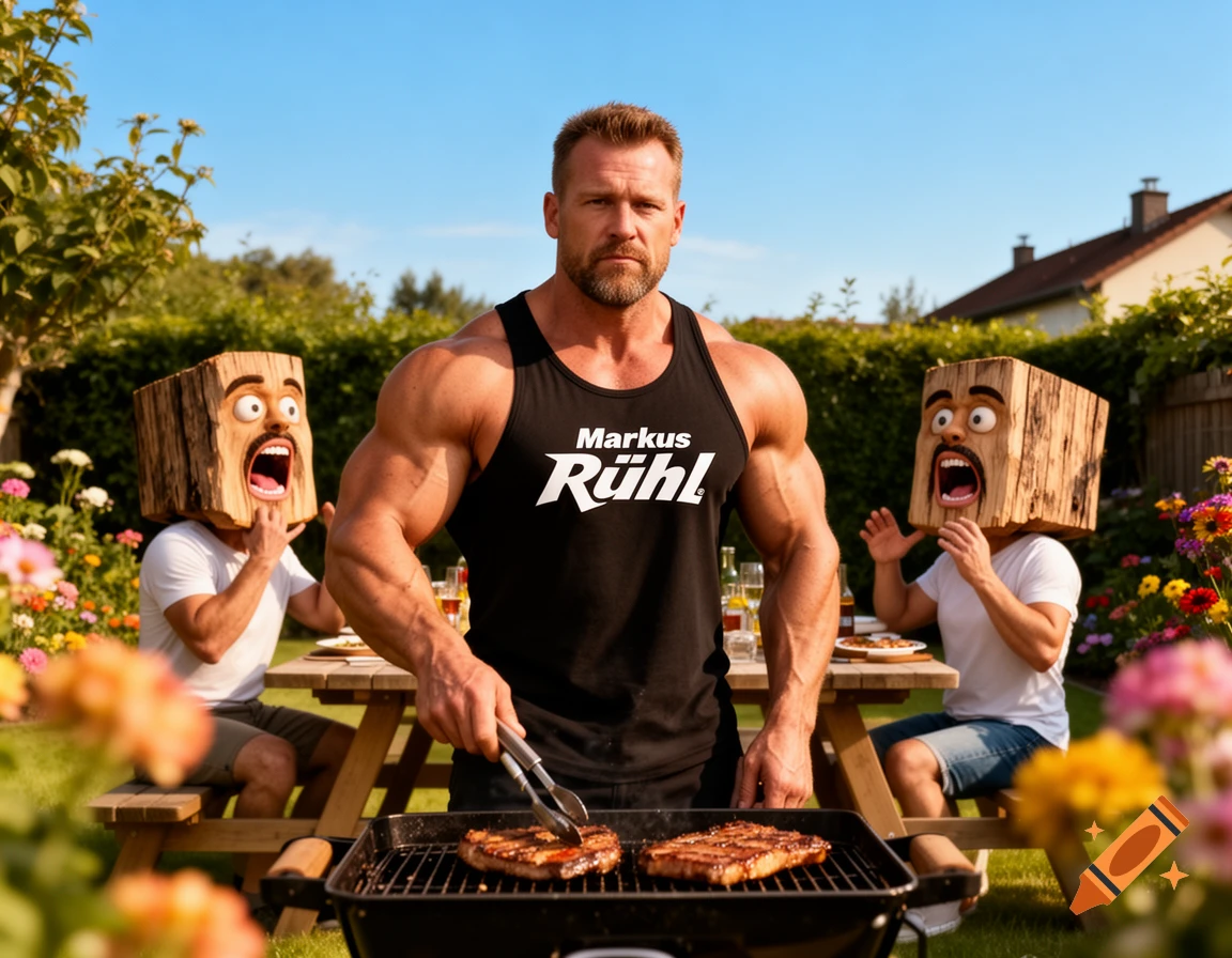 Muscular Markus Rühl grilling steaks outdoors with two people in exaggerated log-head masks.