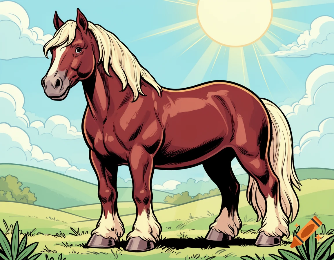 A brown comic-style draft horse with a blonde mane and tail stands in a green field under a sunny blue sky.