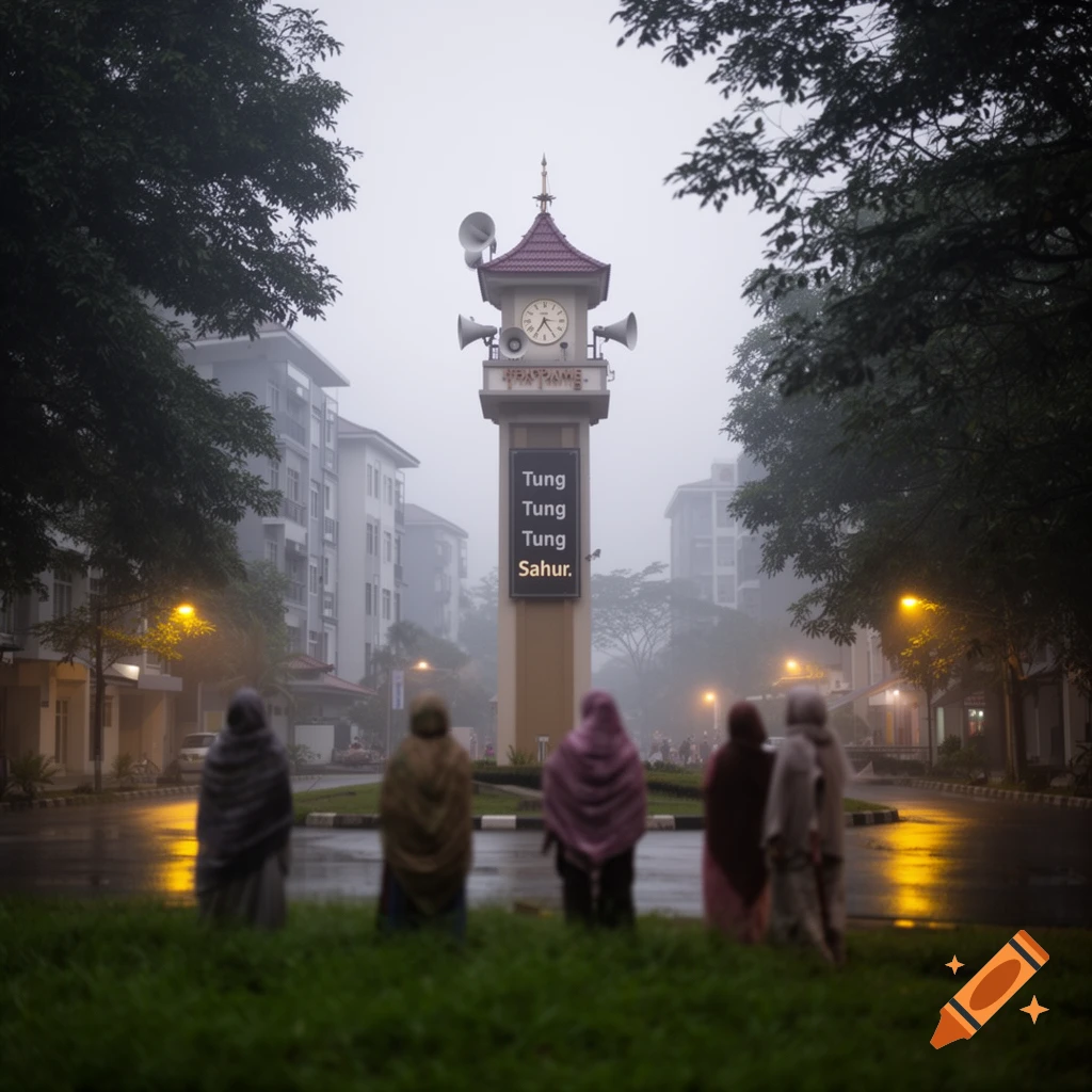A foggy, rainy urban street scene with cloaked figures in the foreground and a clock tower displaying 'Tung Tung Tung Sahur'.