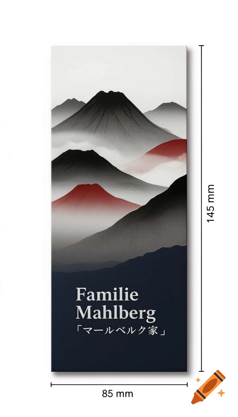 A minimalist vertical doorbell sign with stylized Japanese mountains in black, grey, red, and dark blue, with text 'Familie Mahlberg' and its Japanese translation.