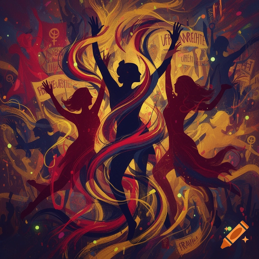 Abstract painting of silhouetted women dancing energetically with swirling colors and banners in the background.