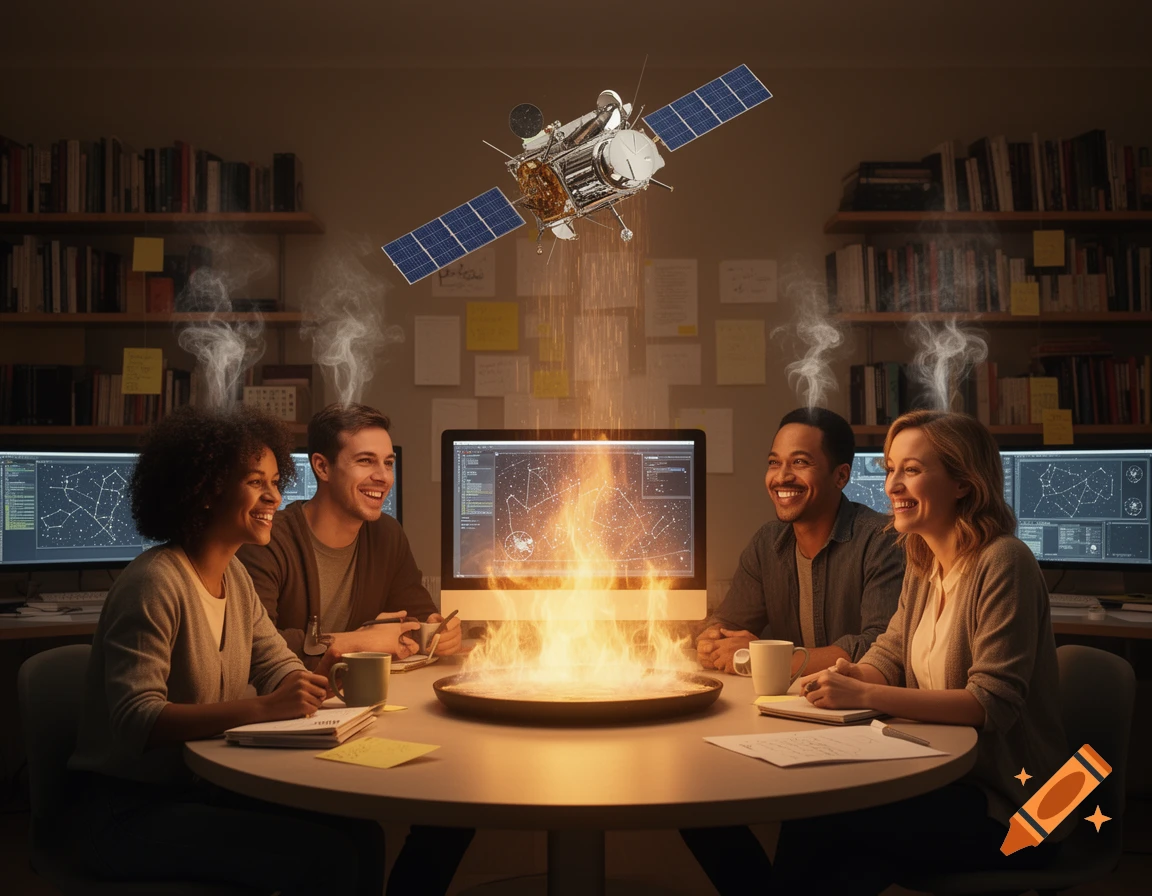 Four smiling people around a table with a computer showing a constellation map, a satellite above. Smoke from heads, fire from screen.