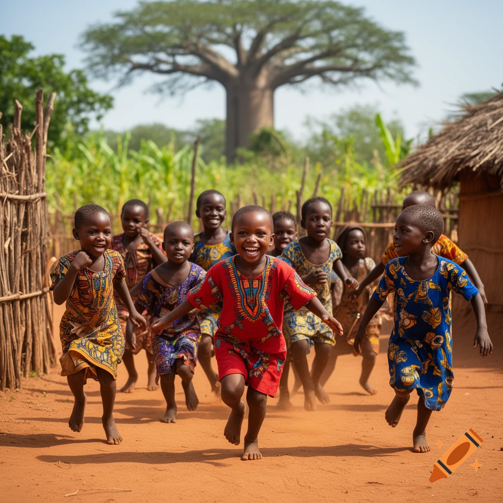 Joyful African children running and smiling on a dusty path in a rural village with a large baobab tree, photorealistic.