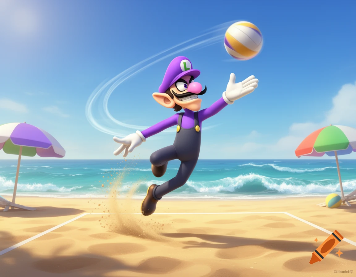 Waluigi jumps to spike a volleyball on a sandy beach court under a blue sky, with ocean waves and beach umbrellas in the background.