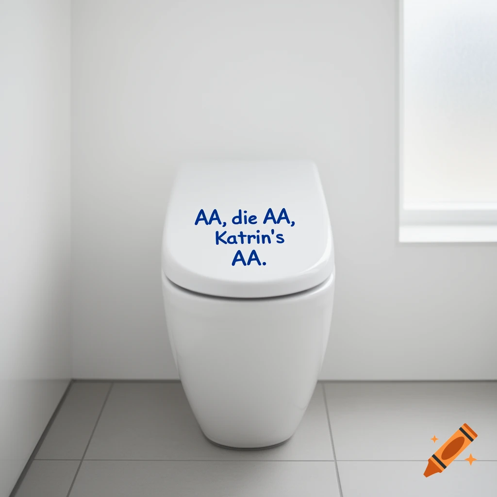 A white toilet with blue text 'AA, die AA, Katrin's AA.' on its lid in a minimalist bathroom.