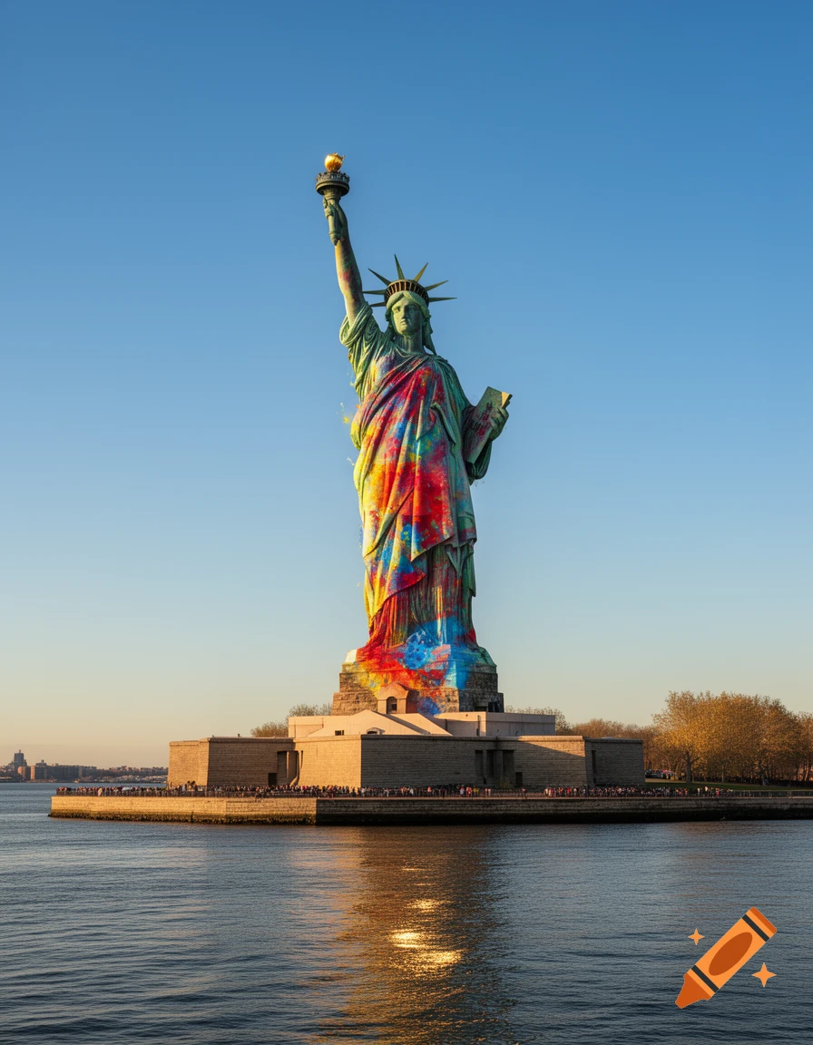 Photorealistic image of the Statue of Liberty painted with vibrant colors, standing on its base in the water under a clear blue sky.