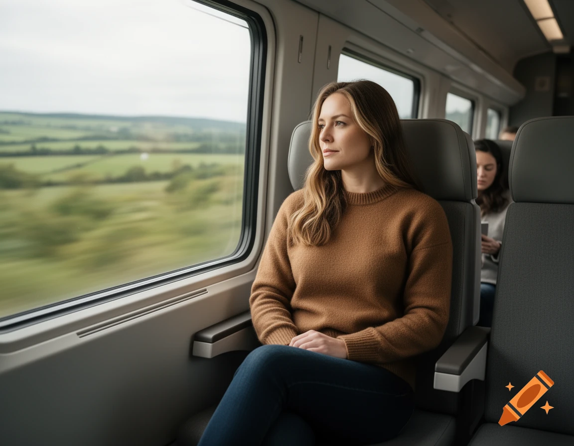 A woman with long blonde hair in a brown sweater sits by a train window, looking out at a blurred green landscape.