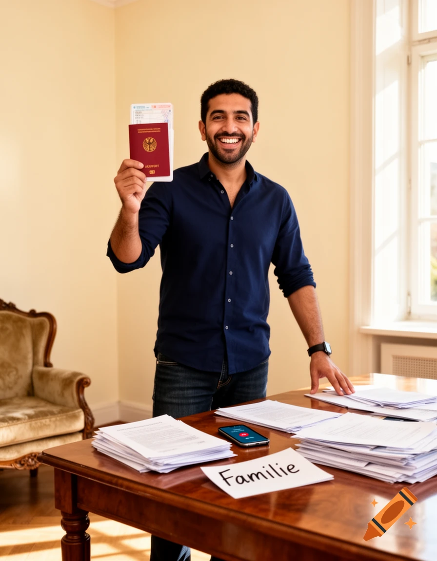 A smiling man holds up a German passport and a boarding pass, standing behind a table with many papers and a phone showing a call, with "Familie" written on a paper.