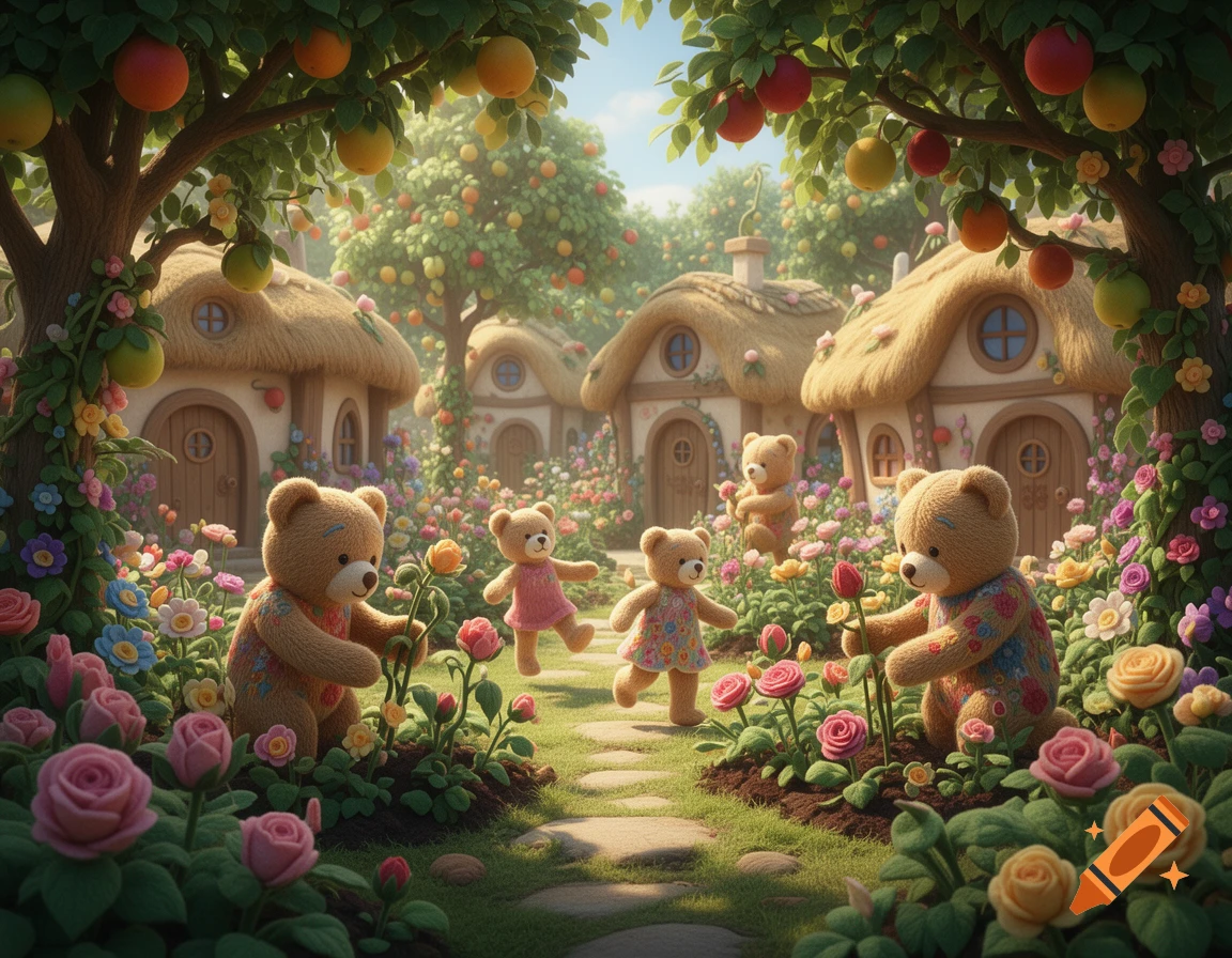 Whimsical garden village with teddy bears tending to flowers and playing among fruit trees and cottage-like houses.