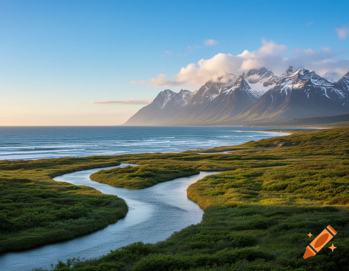 A winding river flows through lush green coastal land towards the ocean under a blue sky, with snow-capped mountains in the distance.