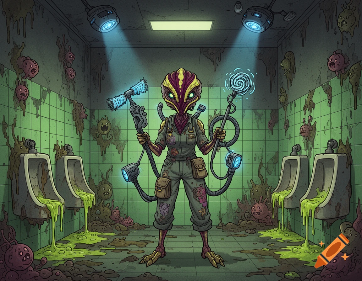An alien janitor with sci-fi cleaning tools stands in a grimy, slime-covered bathroom filled with grotesque creatures, 2D art.