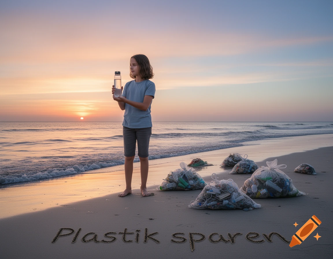 A child stands on a beach at sunset, holding a water bottle near bags of plastic waste, with 'Plastik sparen' written in the sand.