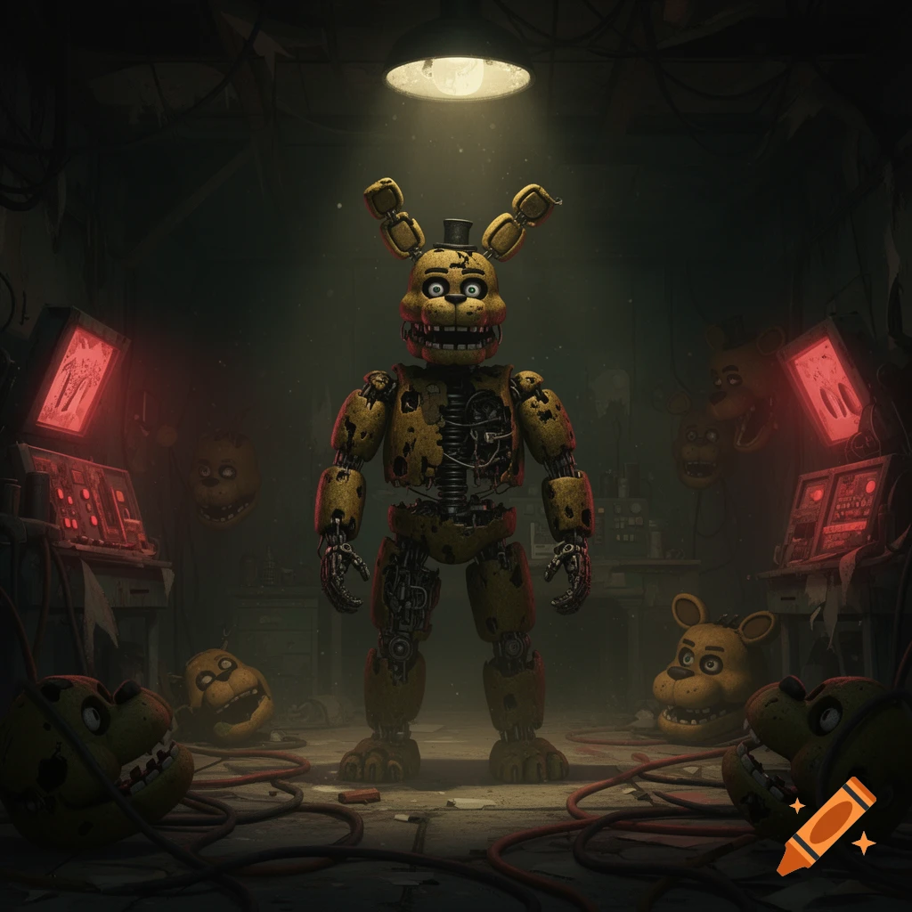 Damaged yellow animatronic rabbit Springtrap in a dark workshop, surrounded by animatronic heads and glowing red screens.