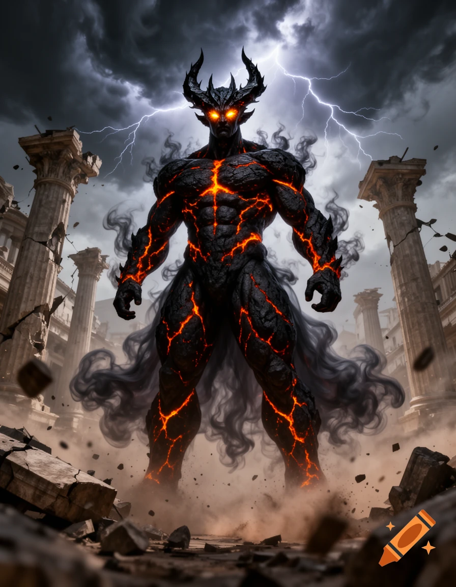 Massive dark horned creature with glowing eyes and lava cracks stands in ruined city under stormy, lightning sky.