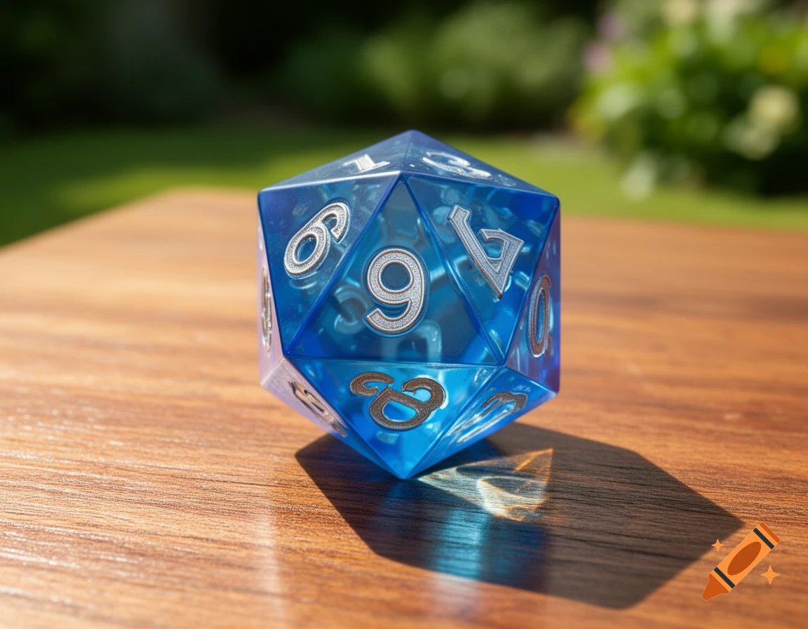 A close-up shot of a translucent blue polyhedral dice with silver numbers, resting on a wooden table in sunlight.