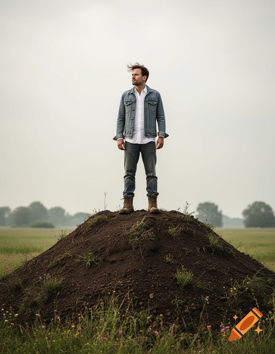 A man in a denim jacket and jeans stands on a large mound of dirt in a grassy field under a cloudy sky.