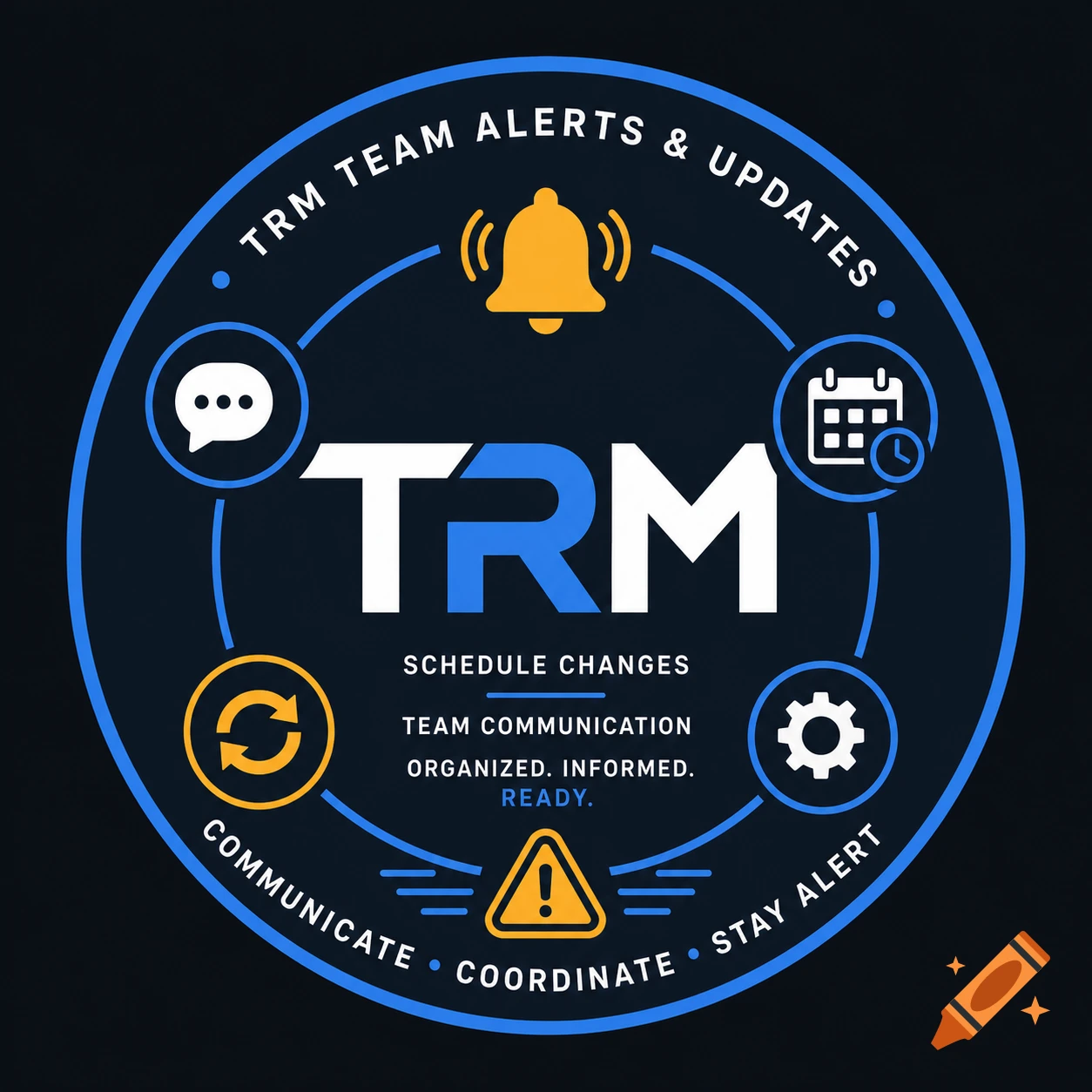 A modern circular logo for "TRM Team Alerts & Updates" with icons for notification, chat, calendar, refresh, gear, and warning.